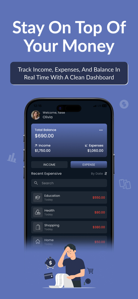 Painel móvel do aplicativo Spend Smart mostrando renda em tempo real, despesas e rastreamento de saldo total