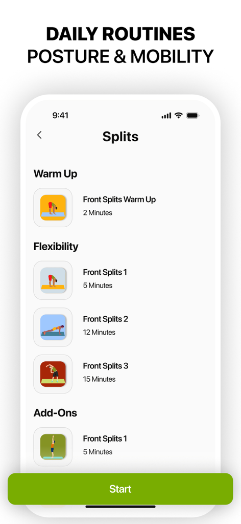 Flexy: Stretch & Flexibility - A list of daily splits stretching routines in the Flexy app including warm up and flexibility exercises.