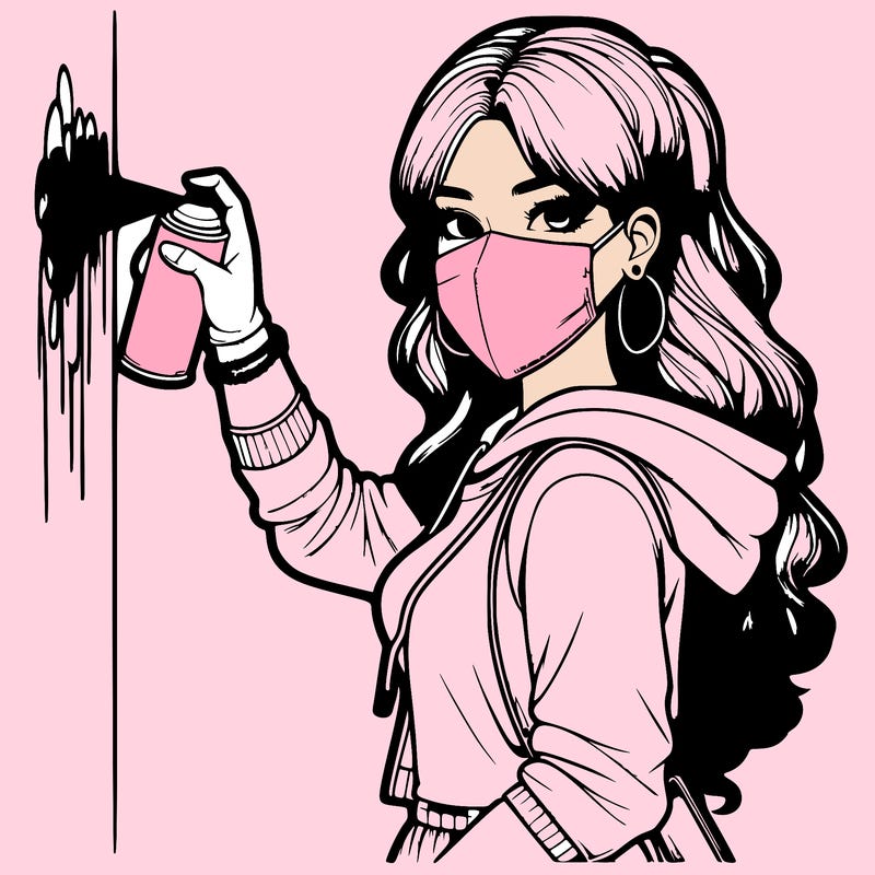 realistic girl with mask spray painting a wall