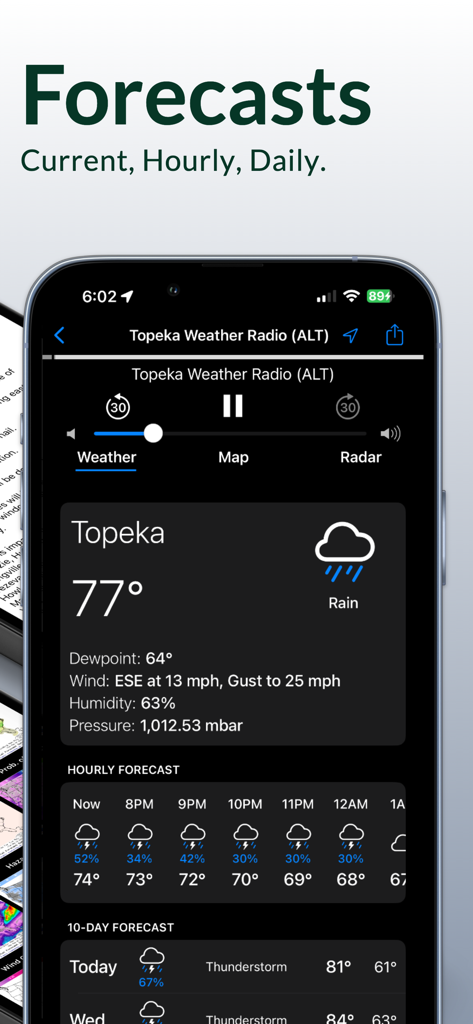 NOAA Weather Radio - NOAA Weather Radio app interface showing current hourly and daily weather forecasts for Topeka