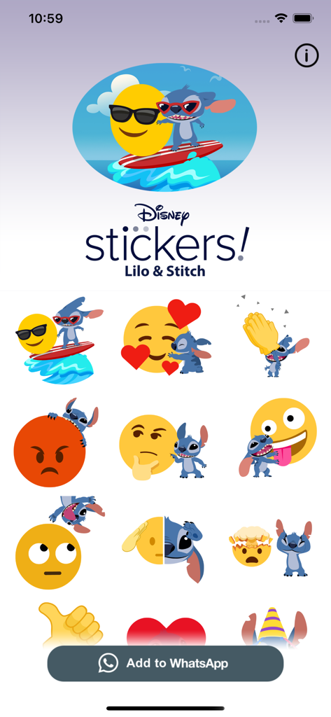 Interfaz de la app Stitch x Emoji Keyboard mostrando una colección de stickers animados de Disney y un botón de Añadir a WhatsApp