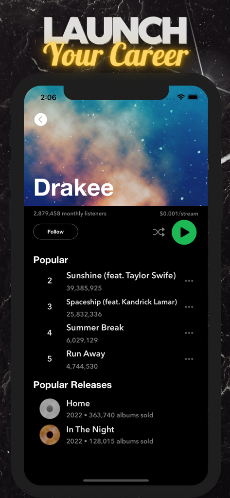 Perfil de artista no Music Star Life Simulator mostrando músicas populares e ouvintes mensais