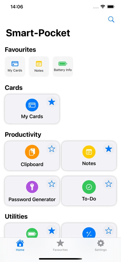 Smart-Pocket - Interfaz de la aplicación Smart-Pocket con herramientas y utilidades de productividad