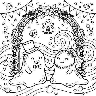 Join two delightful water slimes as they celebrate their special wedding day in this charming coloring page. Young artists will love bringing vibrant colors to this unique aquatic ceremony, complete with floral arches and festive details.