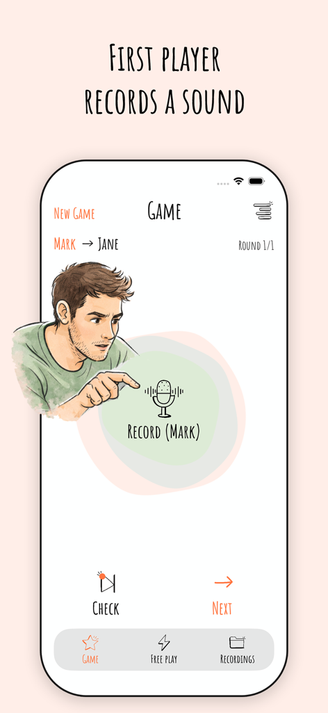 첫 번째 플레이어가 소리를 녹음하는 것을 보여주는 Reverse Singing 게임 인터페이스