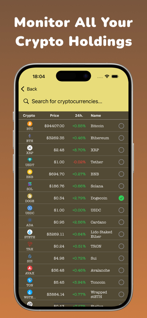 My Crypto - Widget & Chart - A list of cryptocurrency prices and 24-hour market changes in the My Crypto app interface.