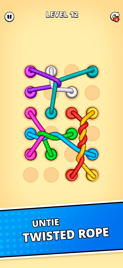 Rope Puzzle: Twisted Master - Captura de pantalla de jugabilidad de Rope Puzzle Twisted Master mostrando cuerdas de colores enredadas en una rejilla de tablero de clavijas