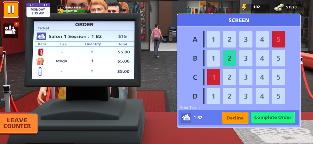 Cinema Movie Theatre Simulator - A movie theatre ticket and snack ordering interface with seat selection in Cinema Simulator