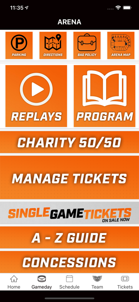 Phantoms365 - Phantoms365 app arena menu showing game day services and ticket management options