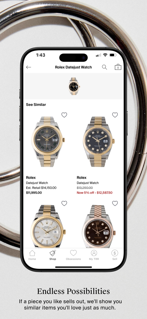 The RealReal - Buy+Sell Luxury - The RealReal app interface showing a see similar feature for Rolex Datejust watches