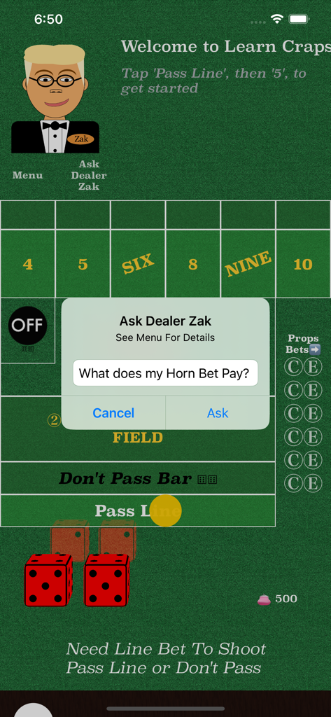 Learn Craps - Learn Craps app interface showing a virtual dealer named Zak with a popup window asking about Horn Bet payouts on a digital craps table