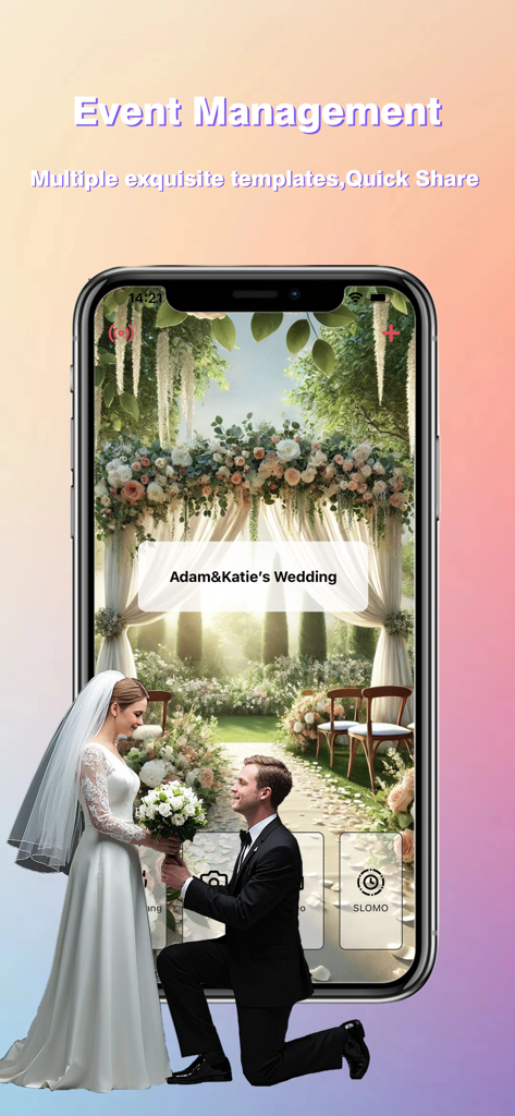 ChackTok App-Bildschirm für Eventmanagement mit einer Hochzeitsvorlage.