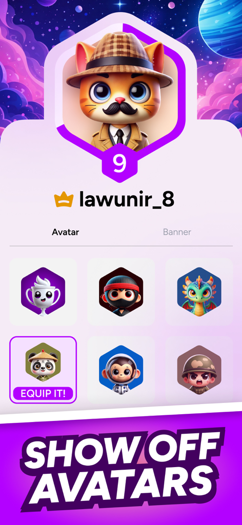 Hoora app profile page showcasing various collectible avatars including a detective cat and a panda with a choice to equip them