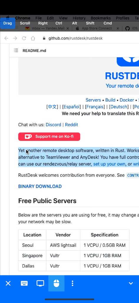 RustDesk Remote Desktop - RustDesk GitHub repository README page on a mobile browser