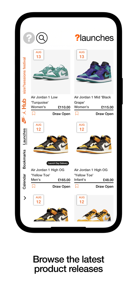size? launches - Mobile app screen for size? launches displaying upcoming sneaker releases and open draws