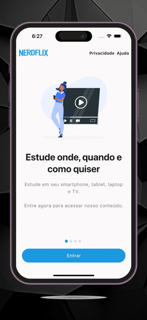 NERDFLIX - Onboarding screen for the NERDFLIX app with a woman watching a video and a welcome message in Portuguese.