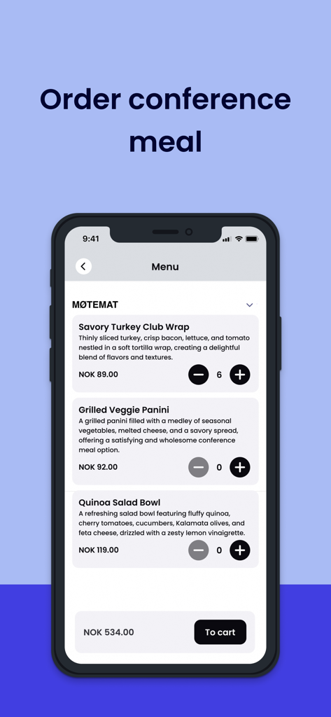 Izyアプリのスマートフォン画面。会議用食事注文のフードメニューを表示。