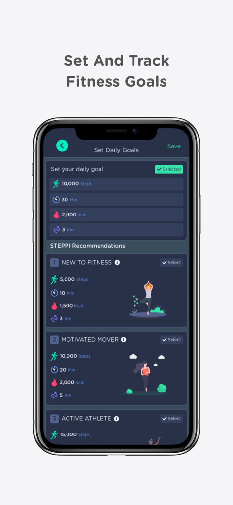 STEPPI - STEPPI app screen showing daily fitness goal settings and activity recommendations