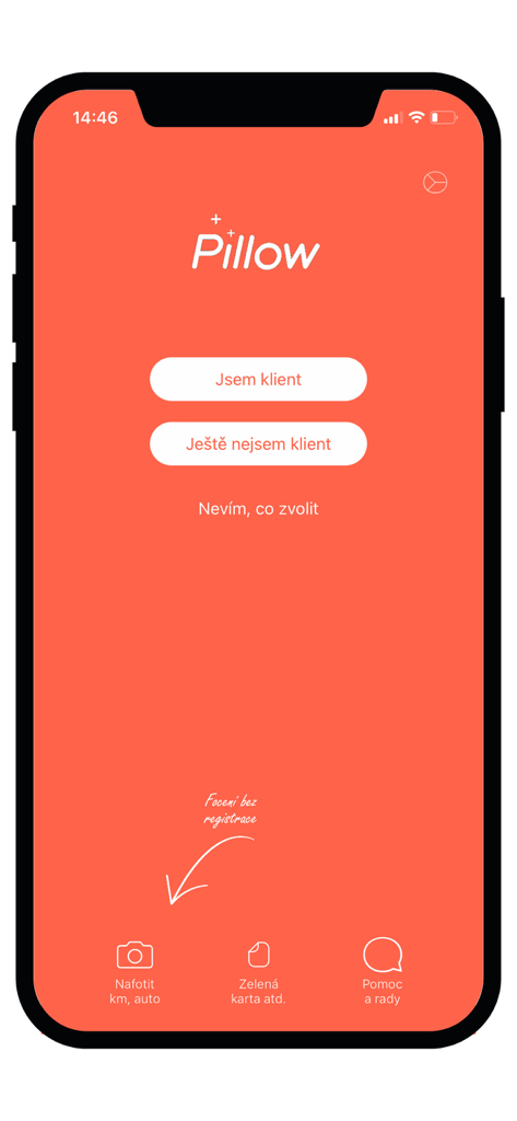Pillow insurance - Welcome screen of the Pillow insurance mobile app featuring login and registration buttons on a coral background