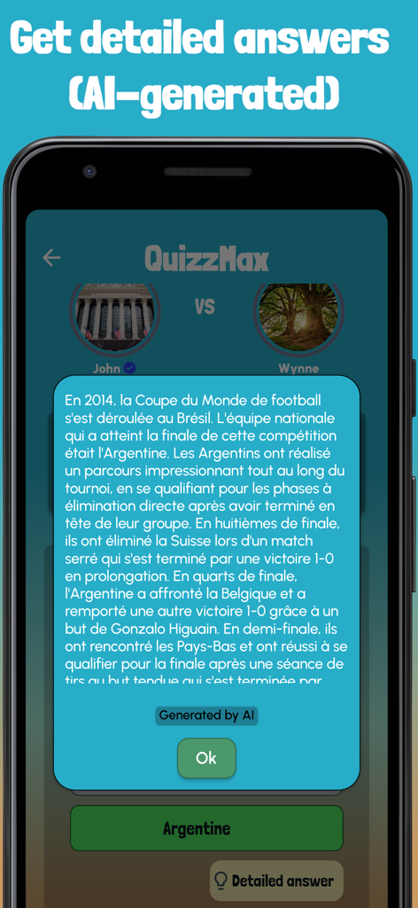 QuizzMax -The Multiplayer Quiz - QuizzMax mobile App zeigt eine KI-generierte detaillierte Antwort auf eine Quizfrage.