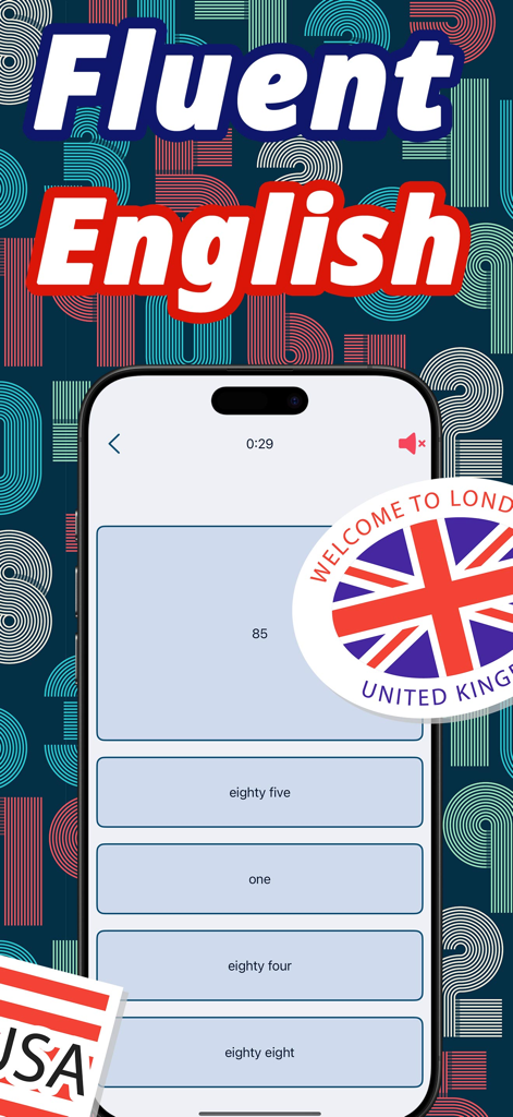 Numbers in English language - Interface do aplicativo de aprendizado de números em inglês mostrando um teste de múltipla escolha para o número 85