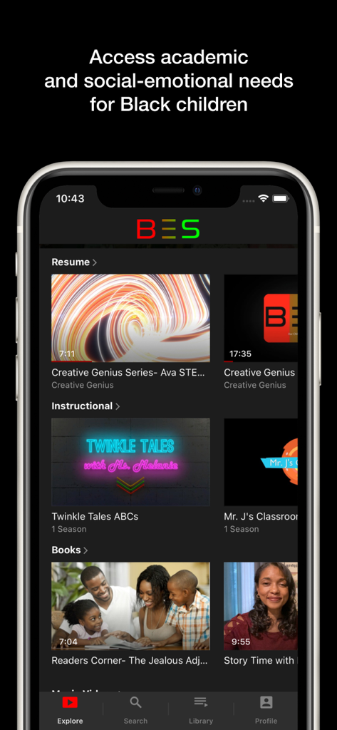 BES TV - BES TV app interface showing educational video categories and content designed for the academic and social emotional needs of Black children