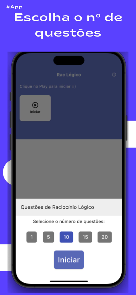 Português Concursos - Interfaz de la app Portugues Concursos para seleccionar el número de preguntas de razonamiento lógico para un cuestionario.
