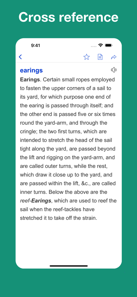 Dictionary of Nautical Terms - Pantalla de aplicación móvil que muestra una definición detallada del término náutico earings con un encabezado de referencia cruzada.