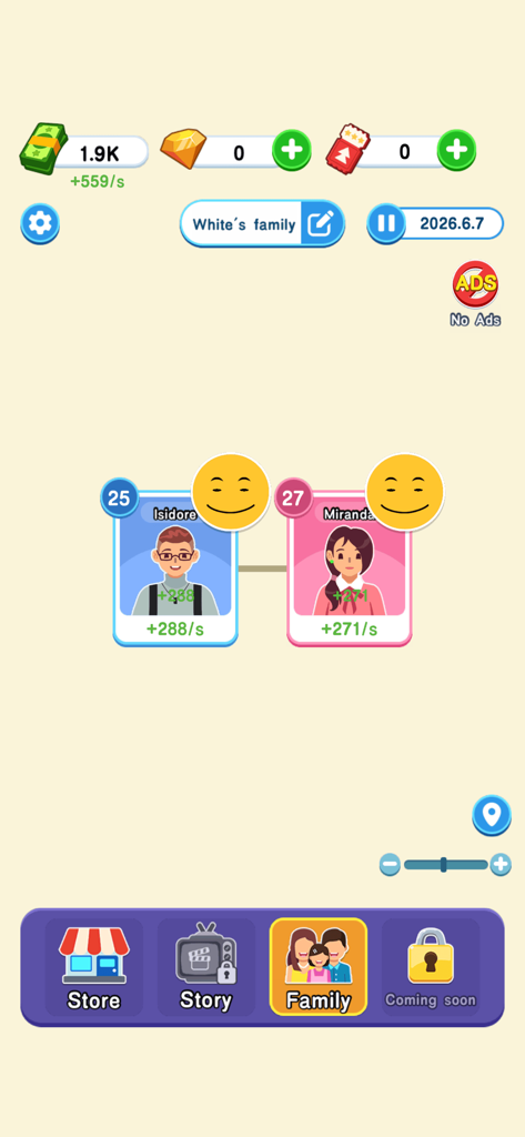 Gameplay interface of My Way My Life showing family characters Isidore and Miranda with their income rates