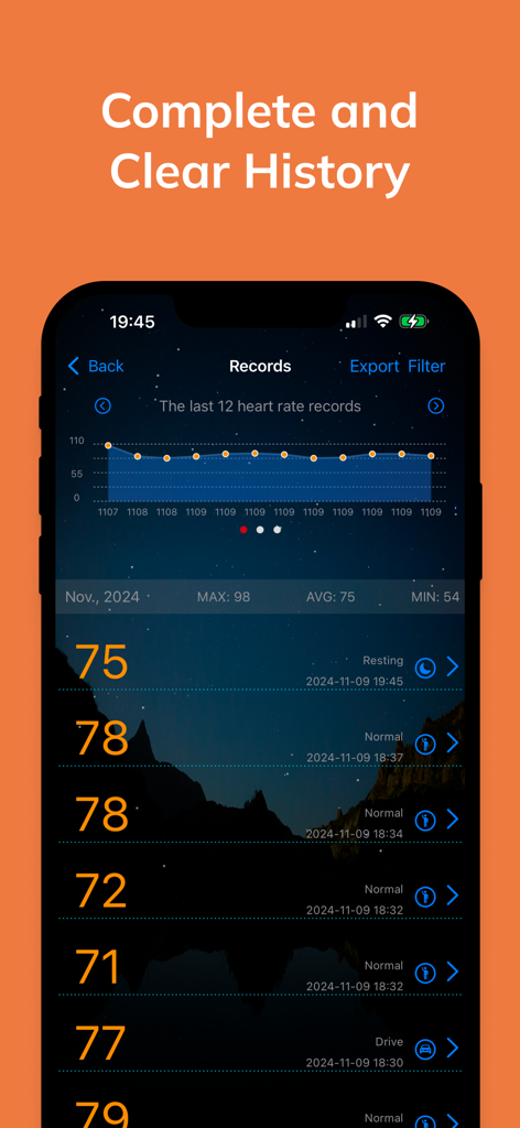 Measure Heart Rate - Heart rate app history screen with measurement records and graph
