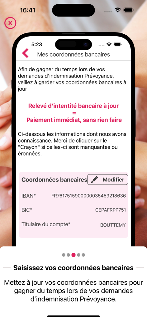 IRCEM Espace Client - Écran mobile de l'application IRCEM Espace Client montrant la gestion des informations de compte bancaire pour les utilisateurs.