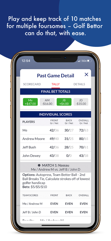 Golf Bettor app displaying game results and final betting totals