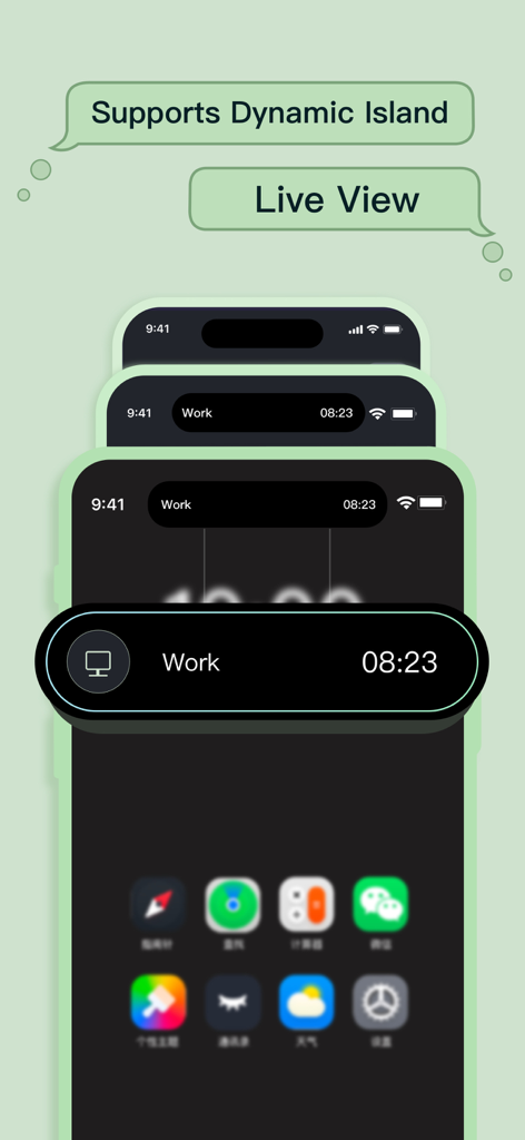 La aplicación Relax Eyes-Pro demuestra las funciones de temporizador de Dynamic Island y Vista en Vivo en la pantalla de un iPhone.