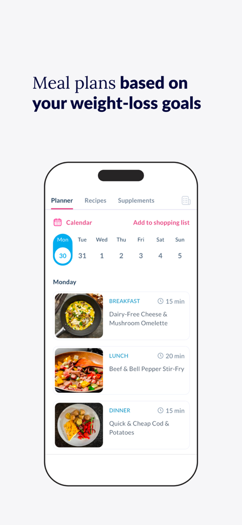 Personalized daily meal plan on RH Weight Loss and Fitness app featuring healthy recipes for women over 40