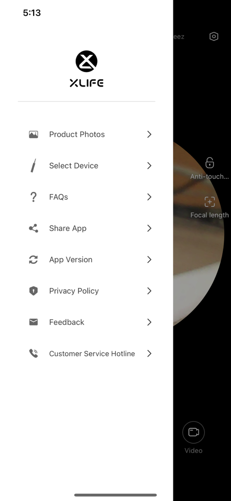 Xlife - Xlifeアプリのサイドバーメニュー。デバイス選択やカスタマーサービスなどのナビゲーションオプションが表示されています