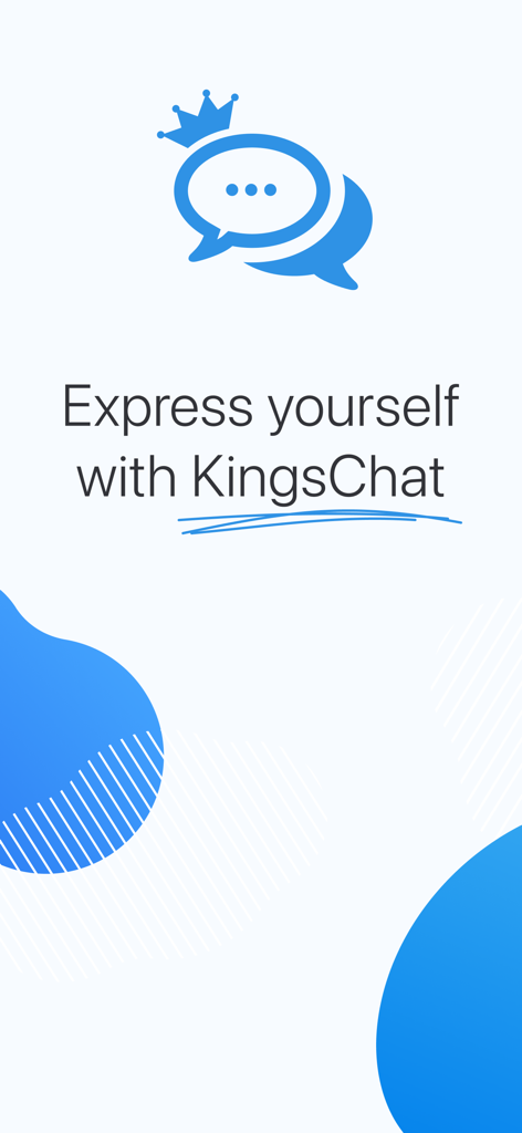 Intro screen for the KingsChat app featuring the crown logo and the text Express yourself with KingsChat.