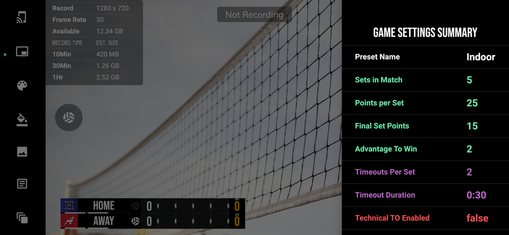 BT Volleyball Camera - BT Volleyball Camera interface showing the game settings summary including sets points and timeouts with a scoreboard overlay