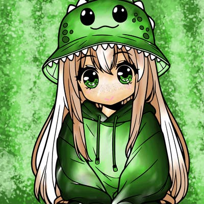 girl with anime shaped eyes with a dinosaur bucket hat oversized sweatshirt long straight hair