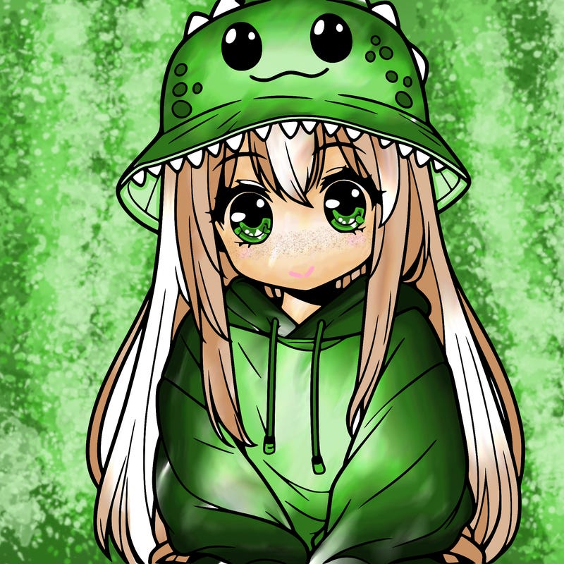 girl with anime shaped eyes with a dinosaur bucket hat oversized sweatshirt long straight hair