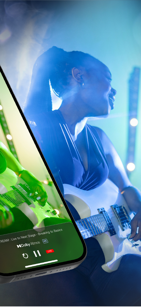 NeSTREAM LIVE - Interface do aplicativo NeSTREAM LIVE mostrando streaming de concerto ao vivo em 4K e Dolby Atmos