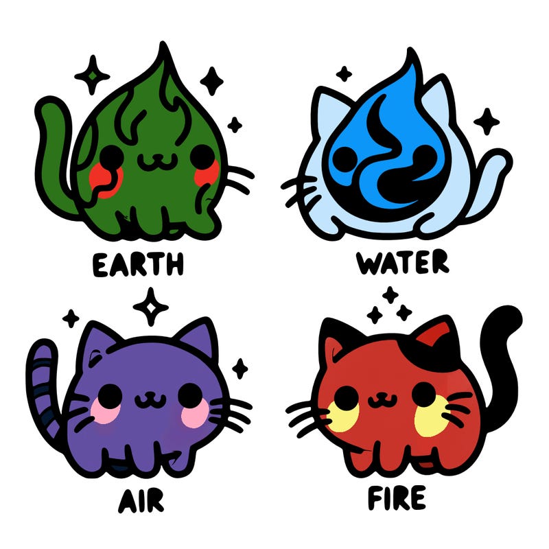 4 cats that represent the different elements, earth, water, air, and fire