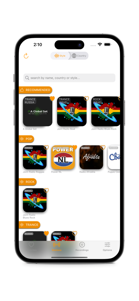 vRadio Proアプリの画面。音楽スタイルやカテゴリ別に整理されたラジオ局の発見が表示されています。