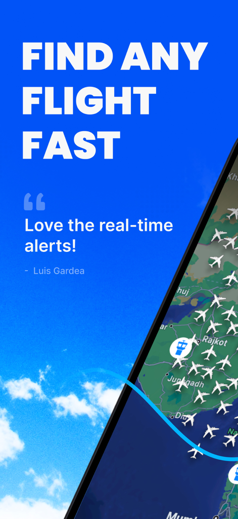 FlightsAround・Flight Tracker - Oberfläche der Flugtracker-App mit einer Echtzeit-Flugradar-Karte und einem Benutzer-Testimonial