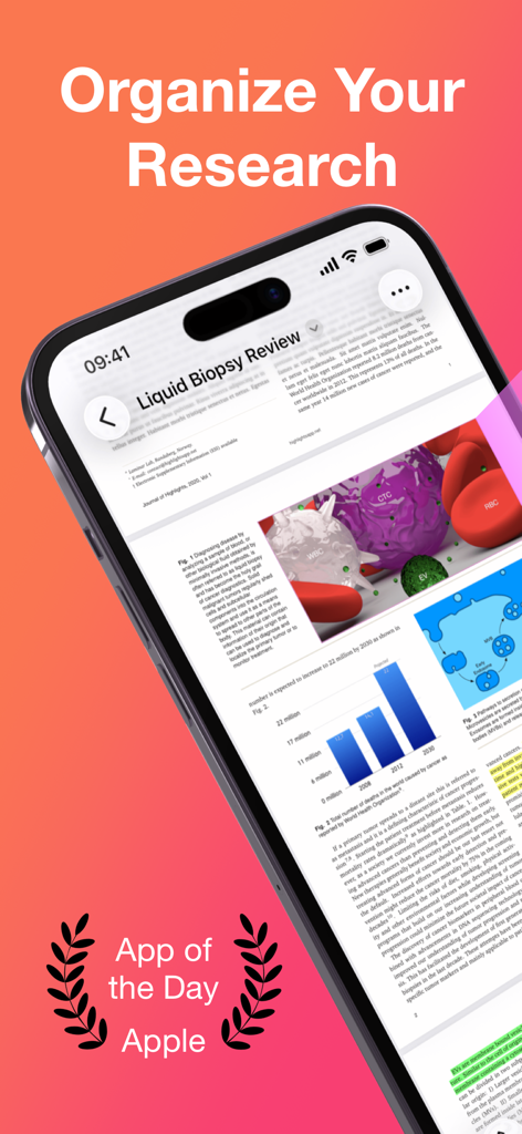 Highlights: PDF Reader & Notes - Application de lecture PDF Highlights sur iPhone montrant un article de recherche et la reconnaissance Apple App of the Day.