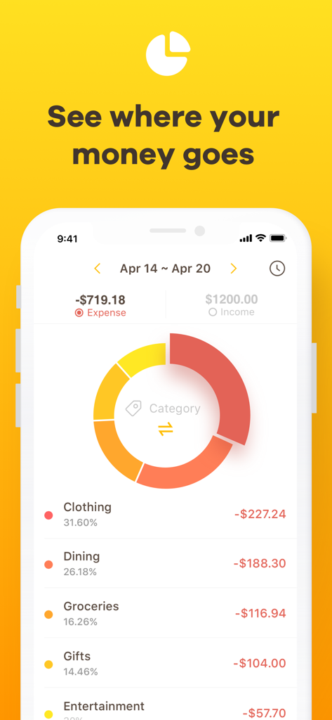 Checkbook - Account Tracker - Un écran mobile montrant le rapport de dépenses de l'application Checkbook avec un camembert coloré et une liste de dépenses catégorisées