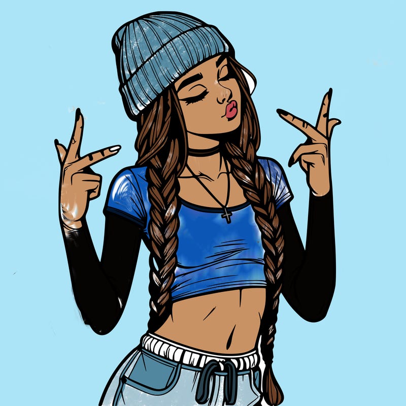 realistic teenage girl with braids and a beanie and crop top doing 🫶🏼