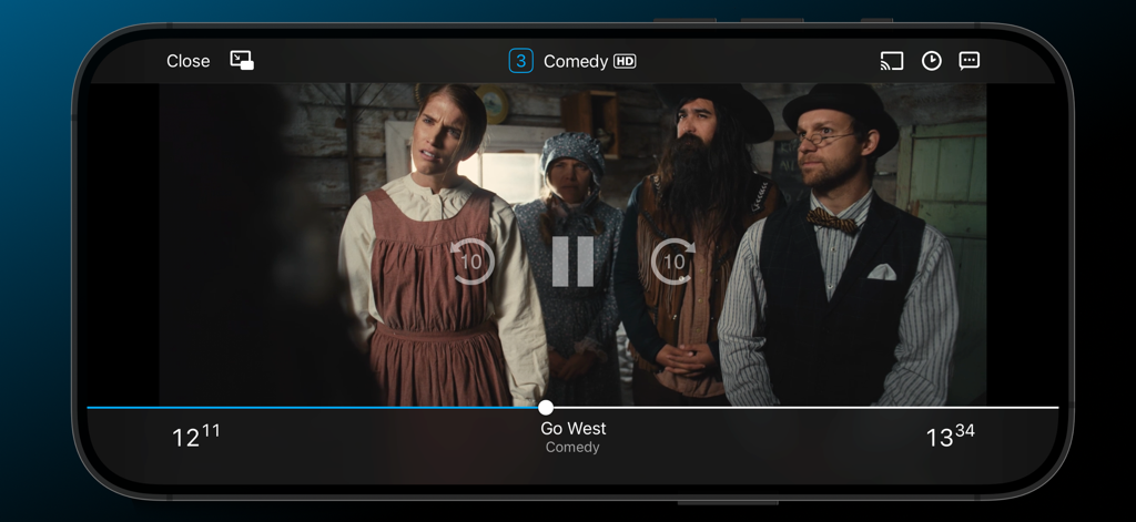 Rapido TV - Interface do aplicativo Rapido TV mostrando um show de comédia no reprodutor de vídeo com controles de reprodução e reprise