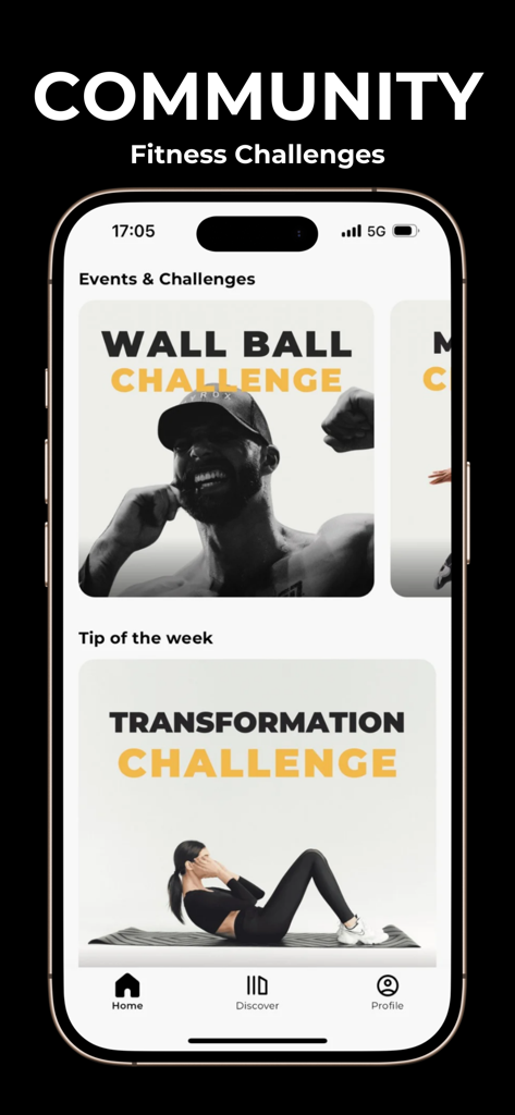 Pantalla de la comunidad de la aplicación Endur que muestra desafíos de acondicionamiento físico de wall ball y transformación.