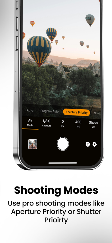 ProCam – Sony Camera Remote - Interfaz de la aplicación ProCam mostrando modos de disparo profesionales de cámara como Prioridad de Apertura y Prioridad de Obturador