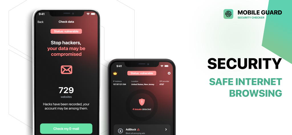 Mobile Guard: Security Checker - Mobile Guard app interface showing security vulnerability status and data breach alerts for safe browsing